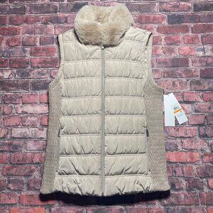 NEW Calvin Klein Women Faux Fur Collared Zip Quilted Puffer Vest SZ S Beige W/ T